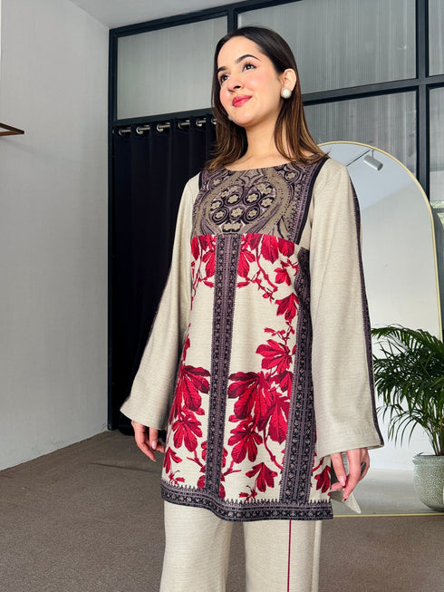 Noor Red Beige Winter Floral Kurta Set